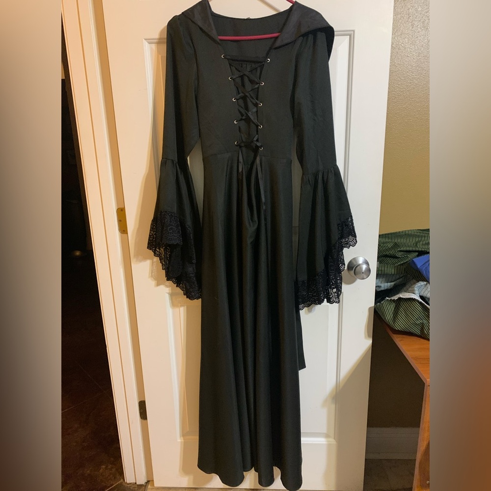 Gothic/witch/medieval hooded lace up dress